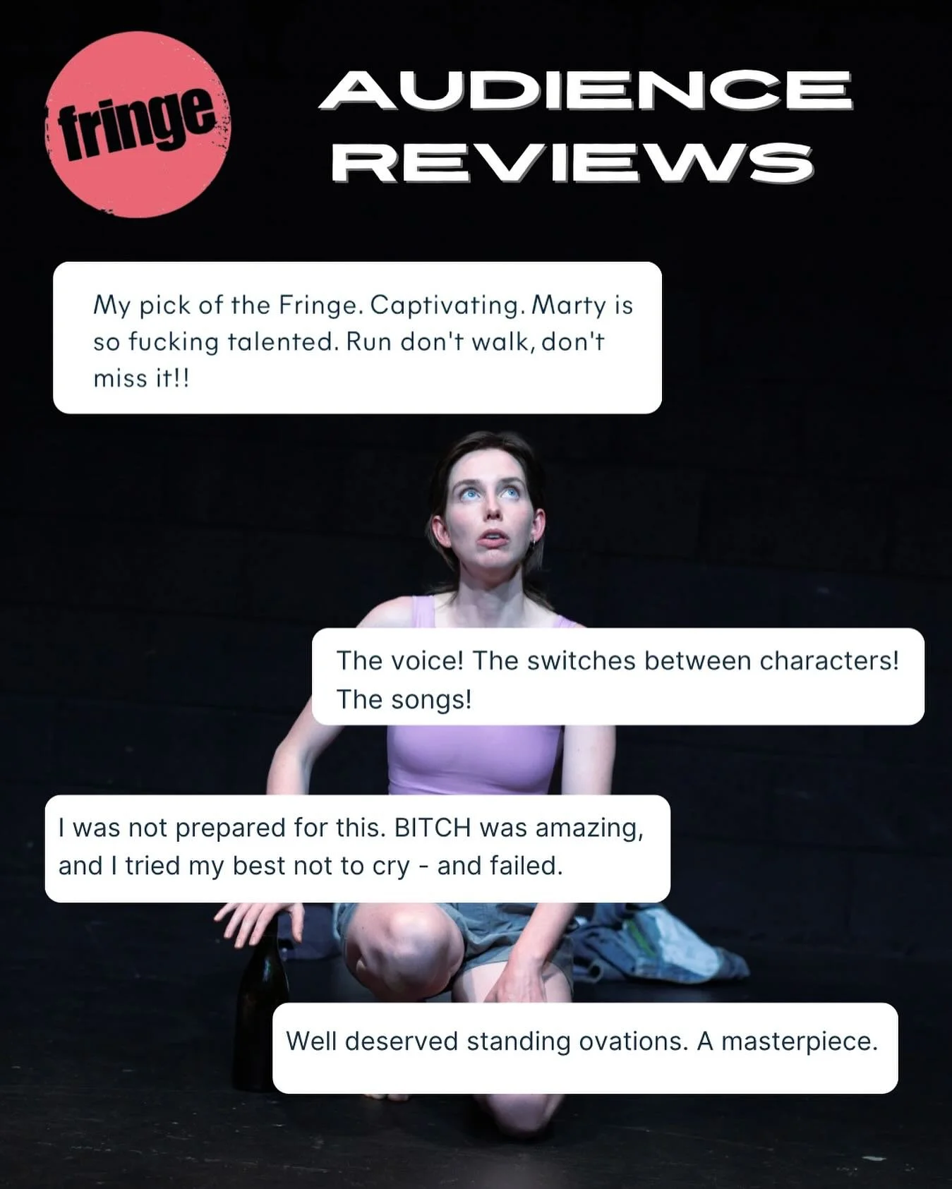 More @edfringe audience reviews 🖤 and a sold out show today!

As BITCH heads into its FINAL WEEK, make sure to get any remaining tickets NOW for this ⭐⭐⭐⭐⭐ show!

⏰Everyday at 2.45 pm til 25th of August 
📍PLEASANCE JACK DOME