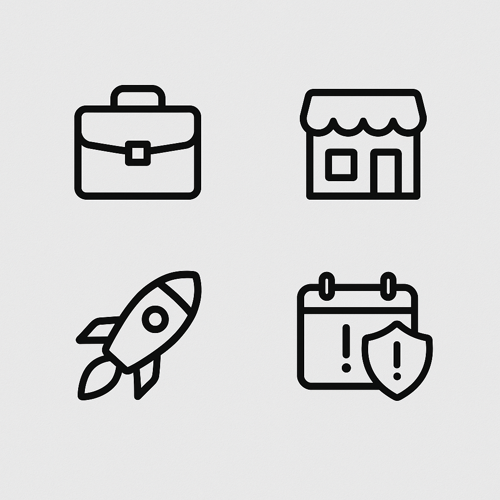Icon set with a briefcase, a shop, a rocket, and a calendar with a shield and exclamation marks.