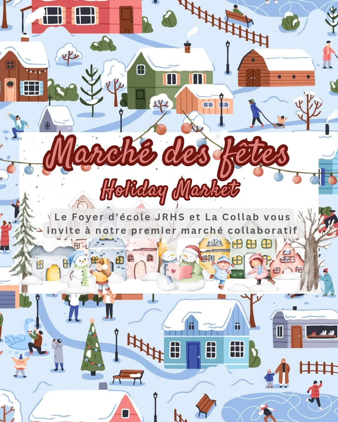 Colorful winter scene of a holiday market in a snowy village, with decorated houses, children playing, and festive decorations.