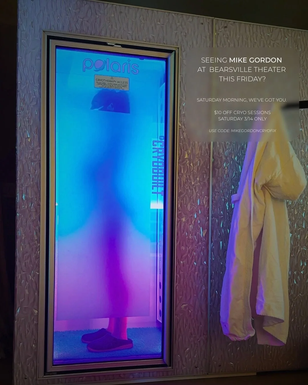 Great music. 
Late night. 
Saturday morning reset.

$10 off your cryo session on 3/14 Use Code: MikeGordonCryoFix

Link in bio to book.

Enjoy the show &amp; we&rsquo;ll see you Saturday 🎸

#WoodstockNY #Bearsville #MikeGordon #Cryotherapy #HudsonVa