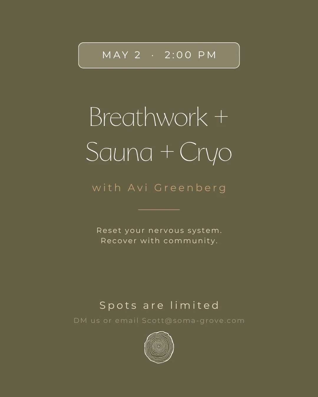 The most powerful reset starts with a single breath. 

On May 2nd we&rsquo;re hosting an afternoon of breathwork, infrared sauna and whole-body cryotherapy with Avi Greenberg. 

Tickets are $200. Spots are limited.

To learn more about Avi, visit @av