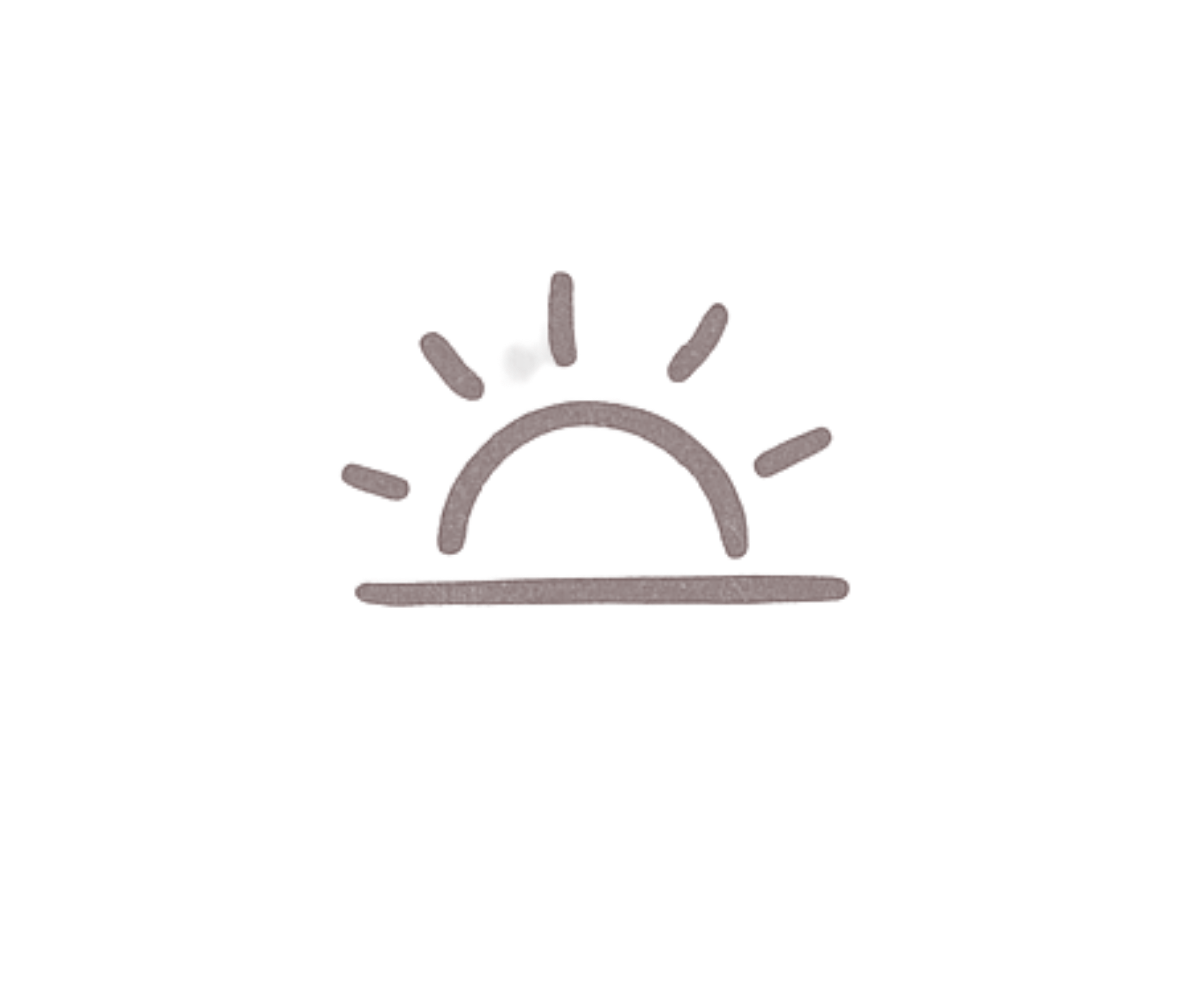 Minimalist sunrise illustration with sun rays and horizon line on a black background.