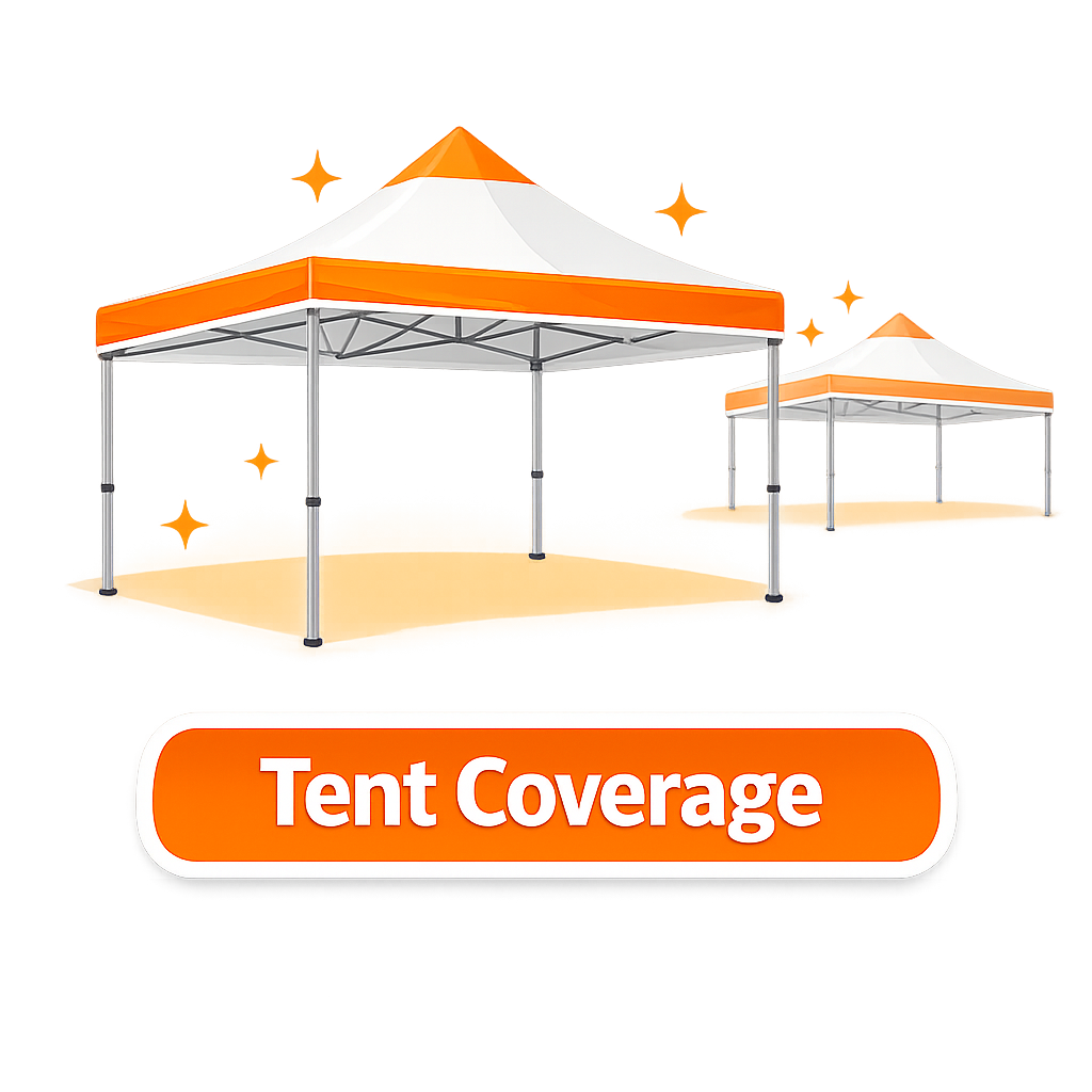 Illustration of two orange and white tents with the text 'Tent Coverage' beneath them.