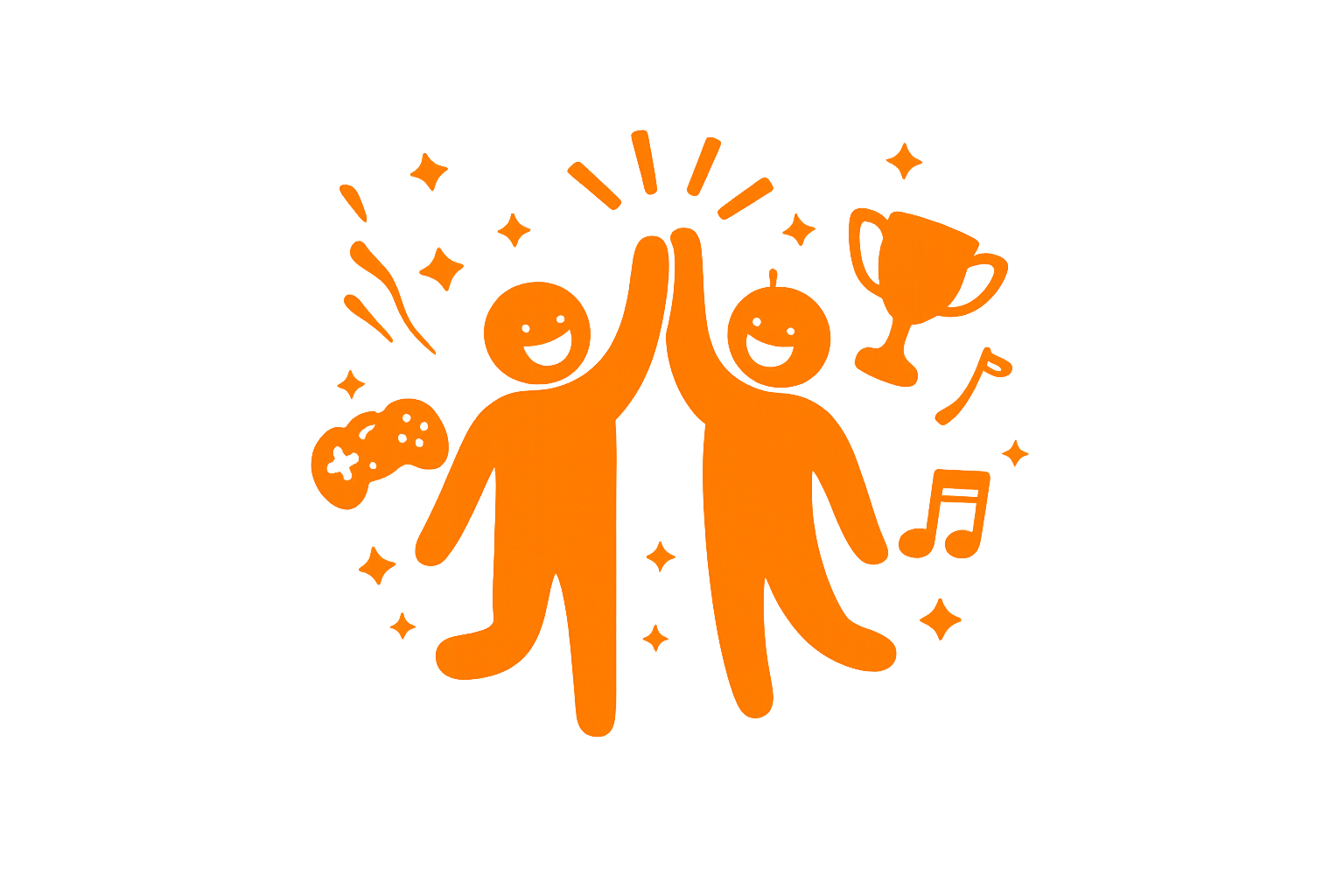 Two orange cartoon characters high-fiving surrounded by gaming controller, cake, trophy, musical notes, and stars on a black background.