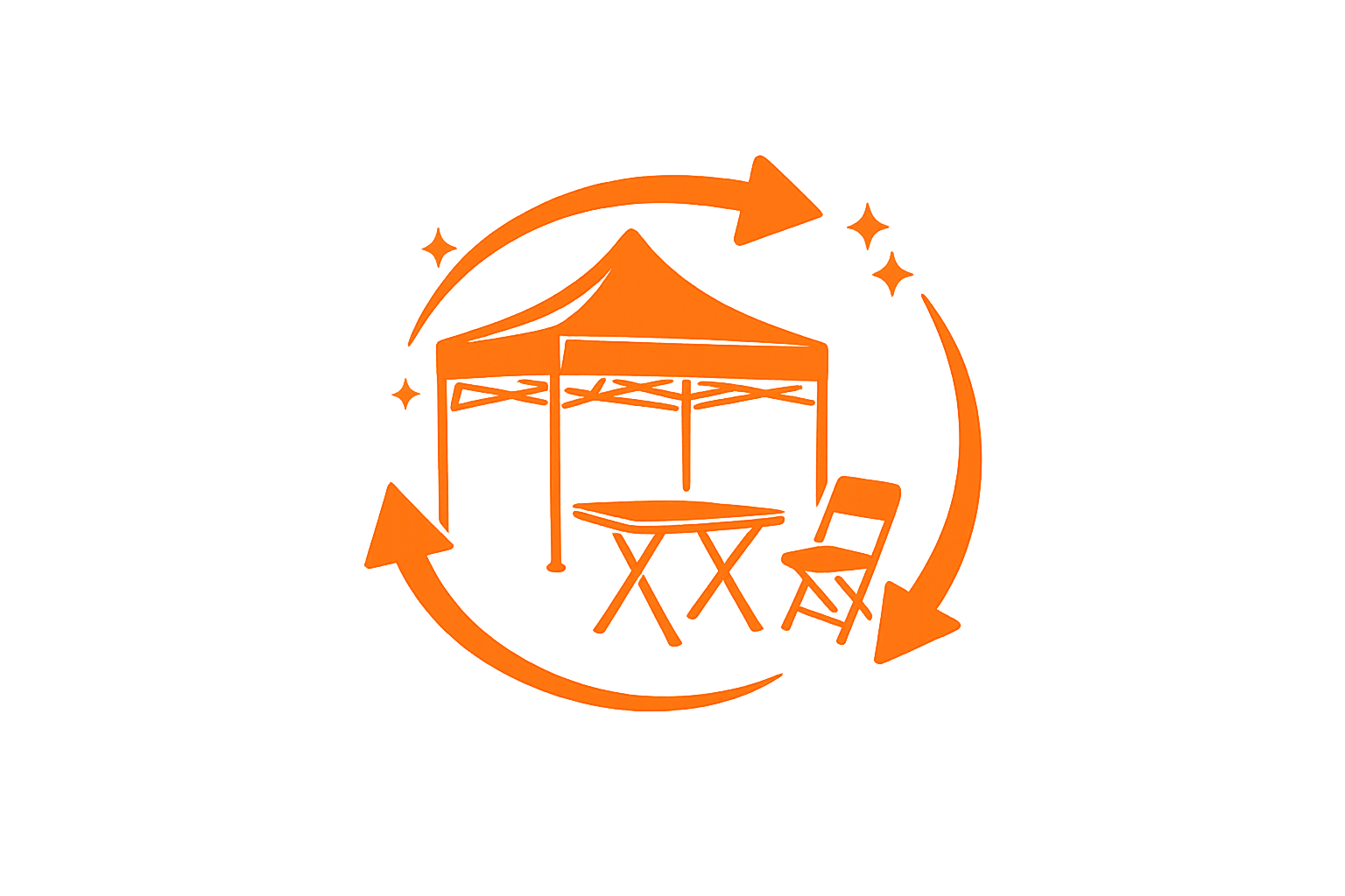 Orange illustration of a folding outdoor patio setup with a tent, table, and chair, surrounded by circular arrows and stars indicating rotation or recycling.