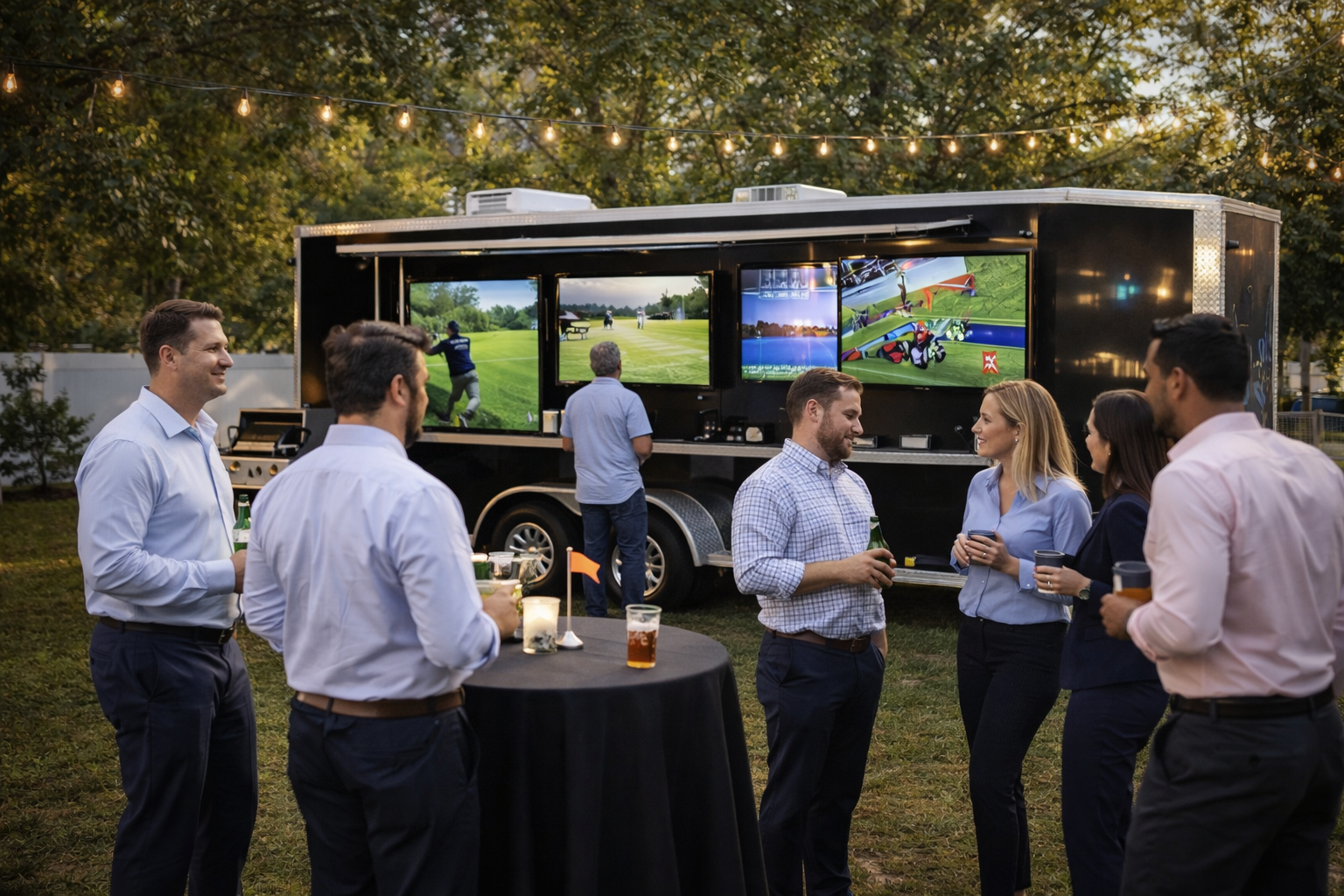 A group of people socializing outdoors near a mobile entertainment trailer with multiple large screens showing golf and gameplay. The trailer is parked on a grassy area under string lights with trees in the background.