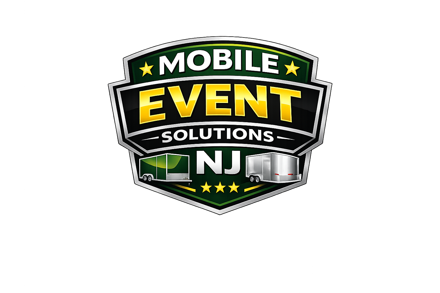 Logo for Mobile Event Solutions NJ featuring green and black shield with stars, trucks, and bold text.