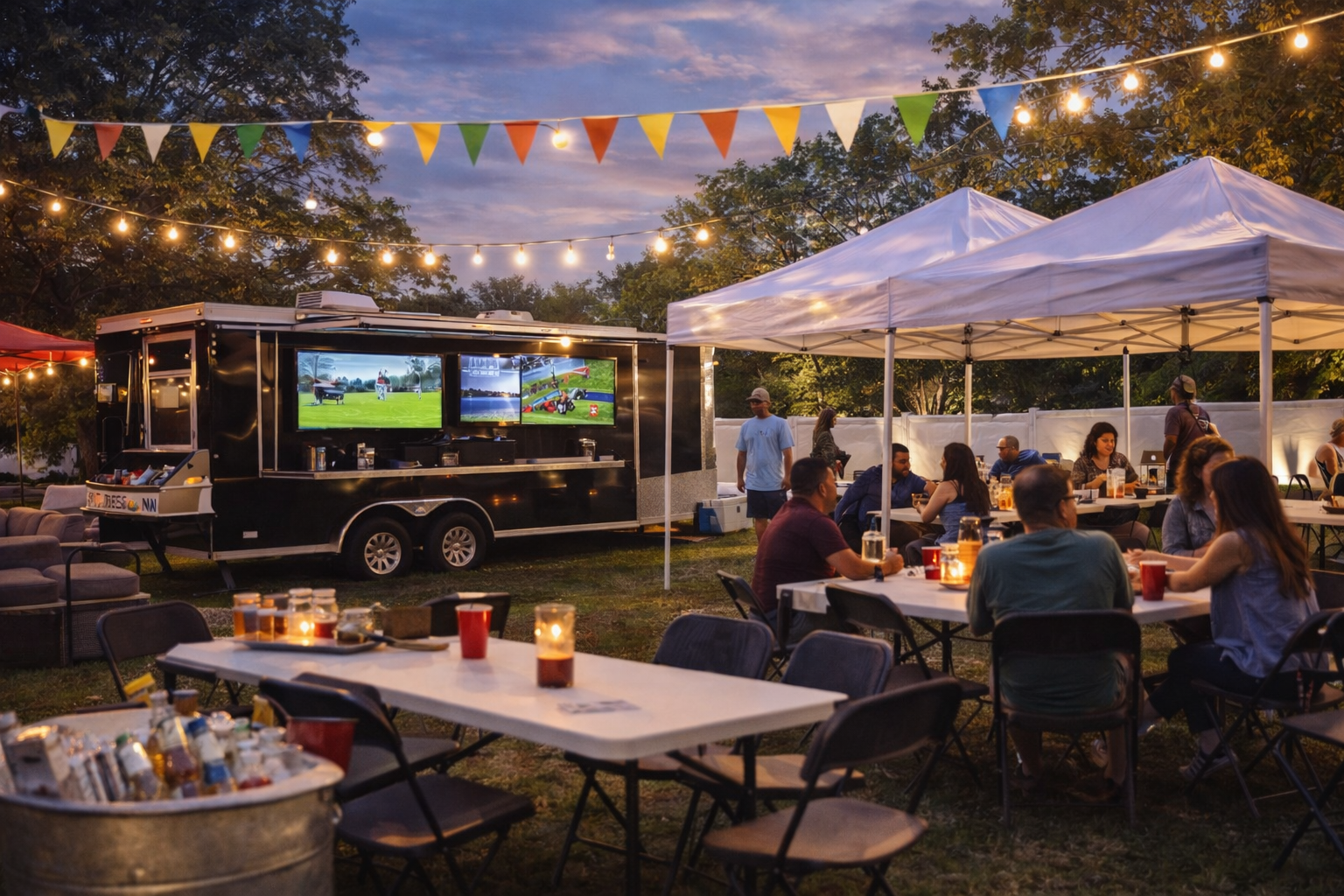 Outdoor gathering at dusk with string lights and colorful bunting, featuring a black food truck with TVs and a group of people seated at tables under white canopies, enjoying drinks and conversation.
