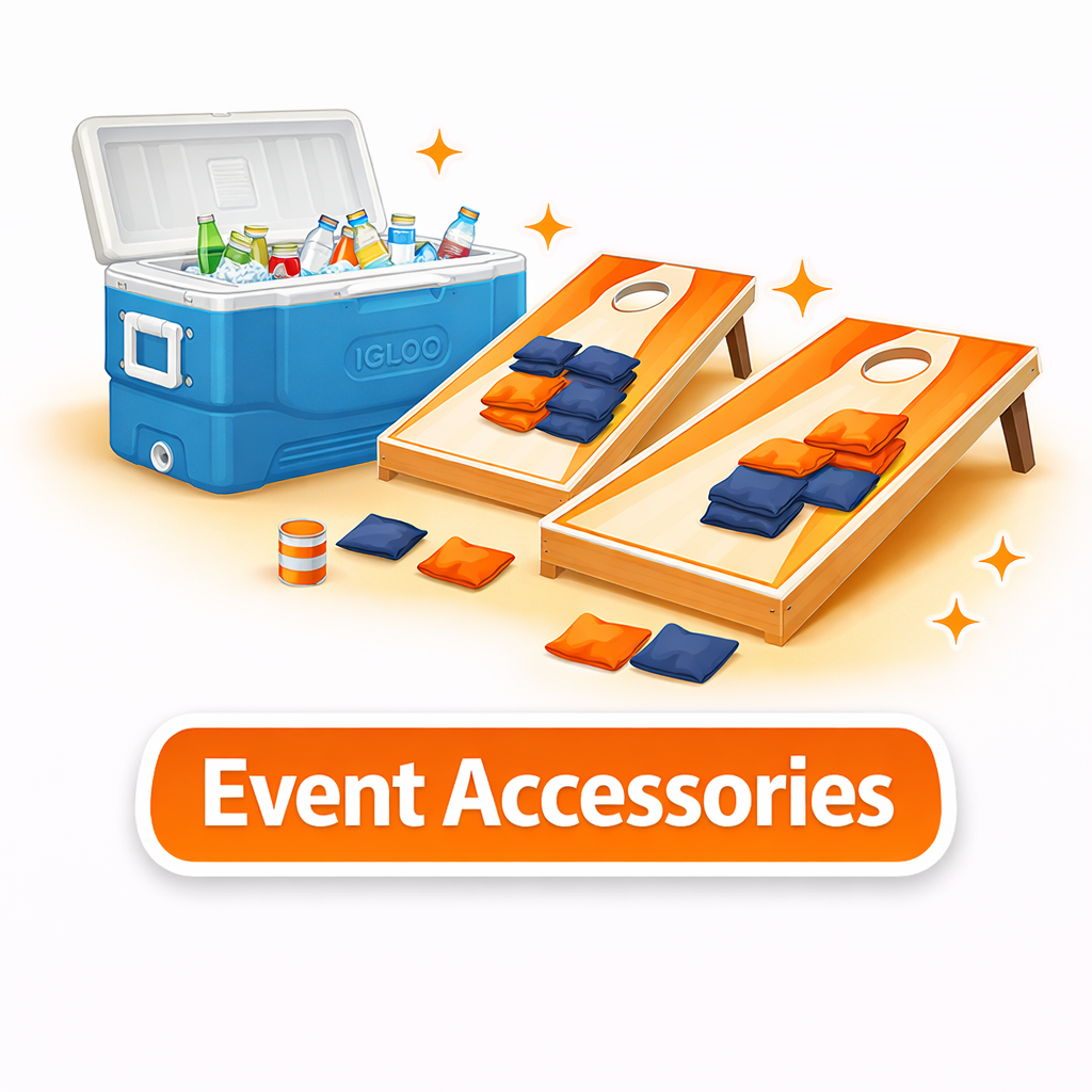 A cooler filled with ice and beverage bottles, two cornhole game boards with beanbags arranged for play, and the text 'Event Accessories' at the bottom.