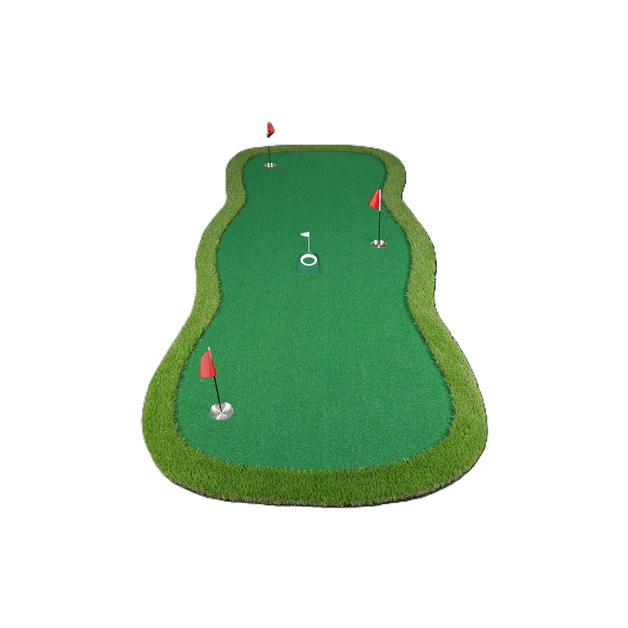 Miniature golf putting green with three red flags and one white flag, surrounded by a hedge, on a black background.