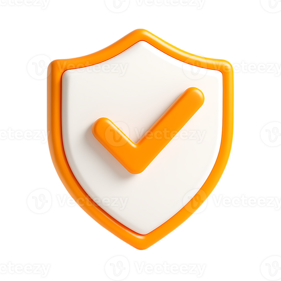 3D illustration of a shield with an orange border and a checkmark in the center, symbolizing security or protection.