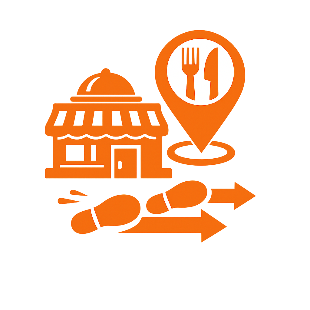 An orange graphic with a restaurant building, a location marker with a fork and knife, pills, and directional arrows, suggesting food delivery or restaurant location.