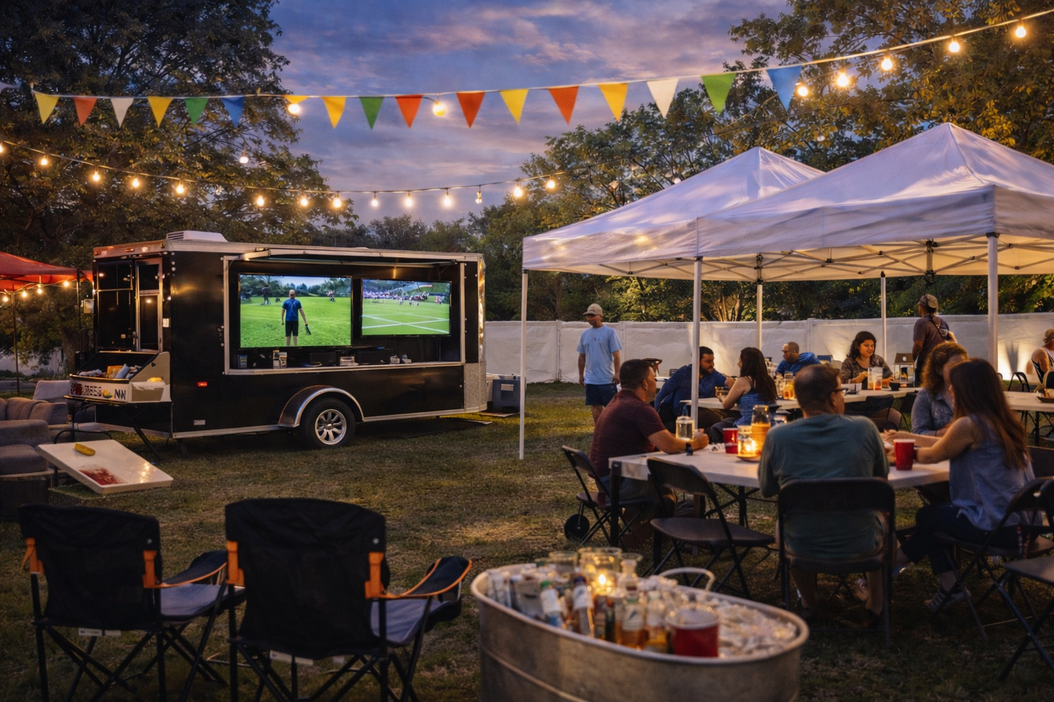 Outdoor gathering with people watching sports on TV screens in a trailer, under string lights and tents at dusk.
