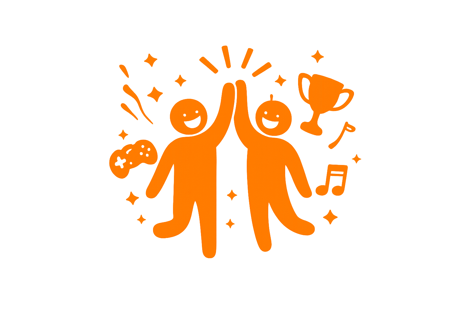 Two orange cartoon figures high-fiving each other amid celebration symbols like a trophy, game controller, musical notes, and stars, on a black background.