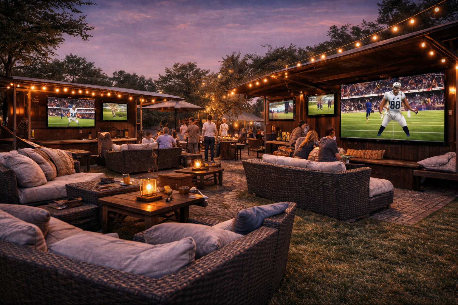 Outdoor backyard with multiple large flat-screen TVs showing football games, surrounded by wicker couches and chairs with cushions, candle-lit tables, and string lights at dusk with trees in the background.