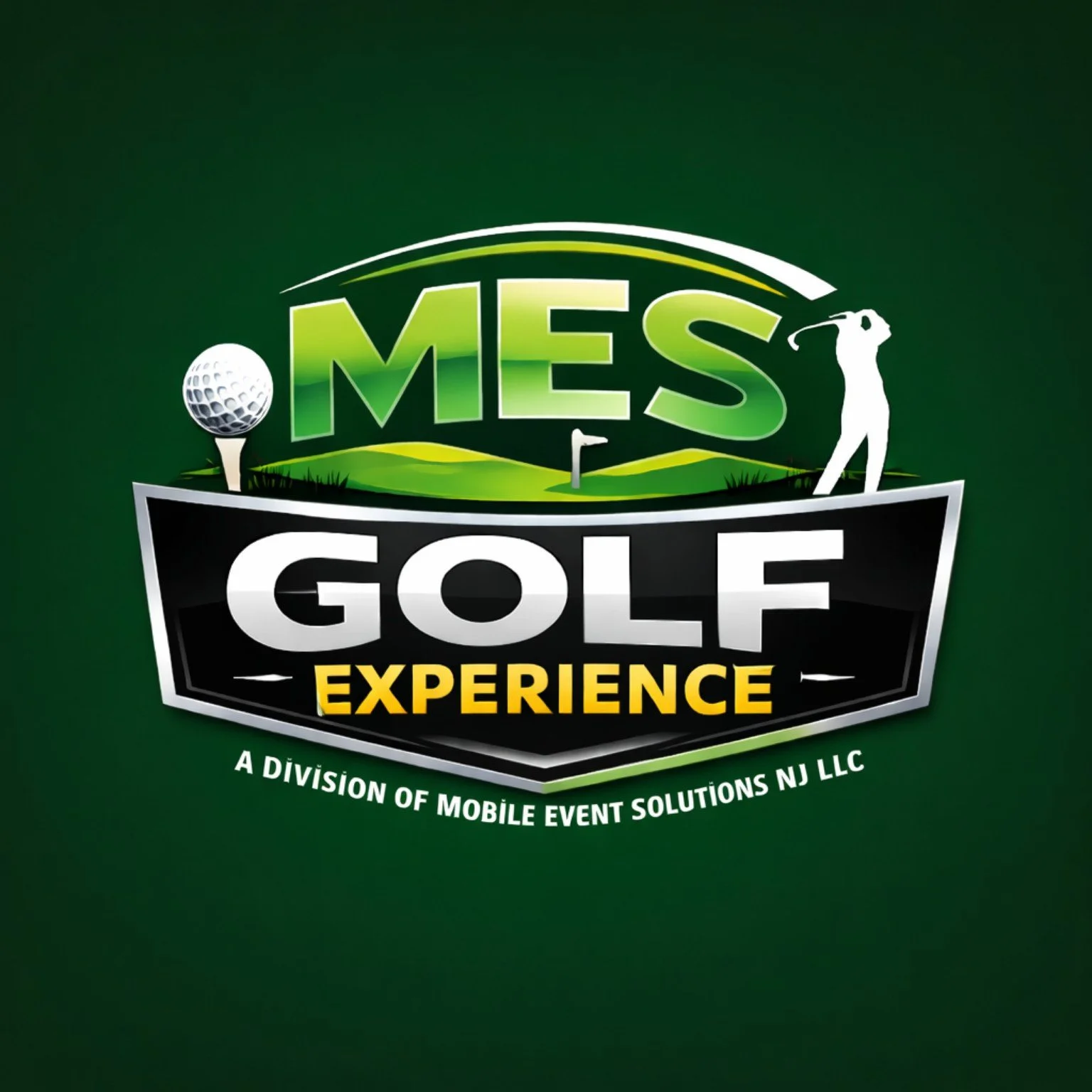 Logo for MES Golf Experience, featuring a golf ball on a tee, a golf flag, and a golfer silhouette on a green landscape background.