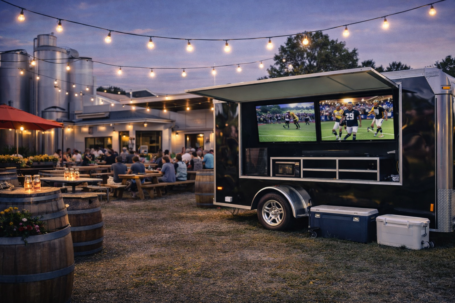 People dining outdoors at a bar or restaurant in the evening, with a trailer under a canopy showing football on two screens, string lights overhead, and wine barrels around the seating area.