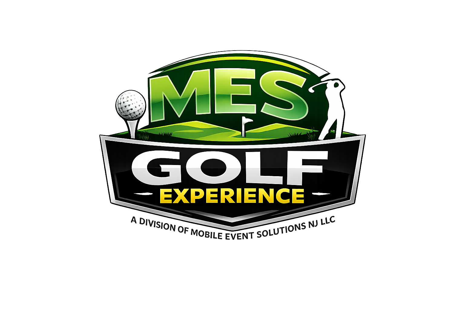 Logo for MES Golf Experience featuring a golf ball on a tee, a putting green, and a golfer silhouette, with text highlighting the golf event.