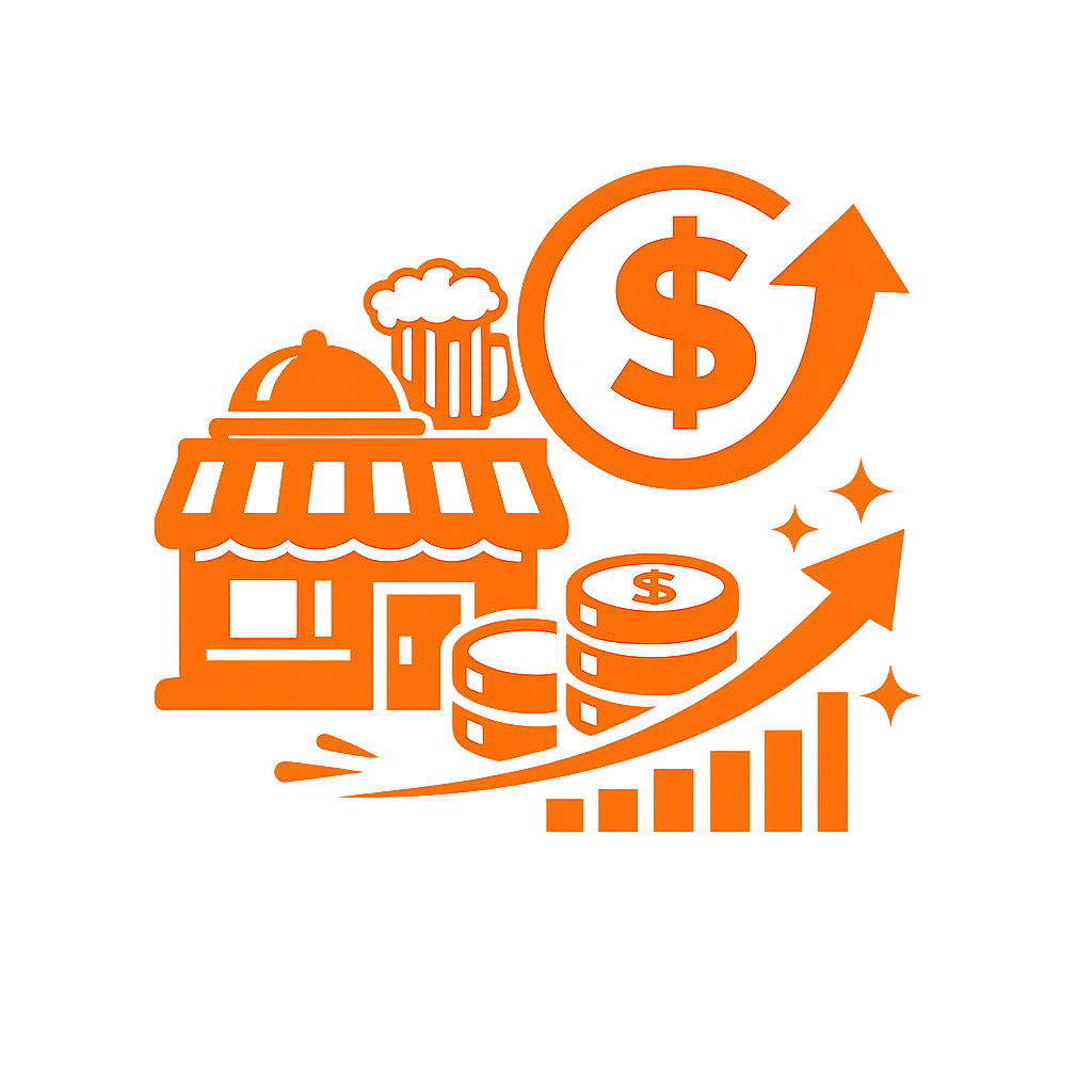 Illustration of a small store, a bar with beer, stacks of coins, a dollar sign with an upward arrow, and a rising bar graph with sparkles, all in orange and white.
