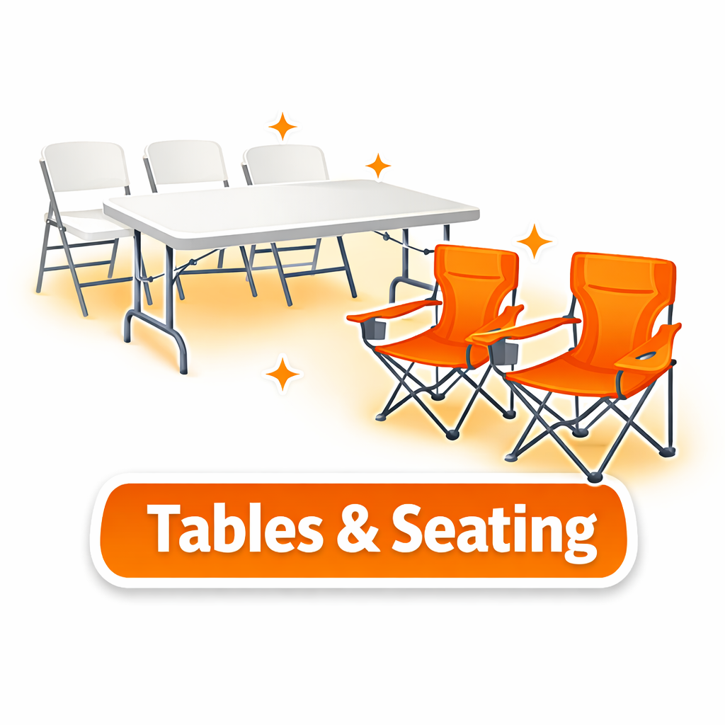Illustration of different tables and seating options, including a white folding table with four white chairs behind it and two orange camping chairs in front, with the text 'Tables & Seating' below in orange and white.