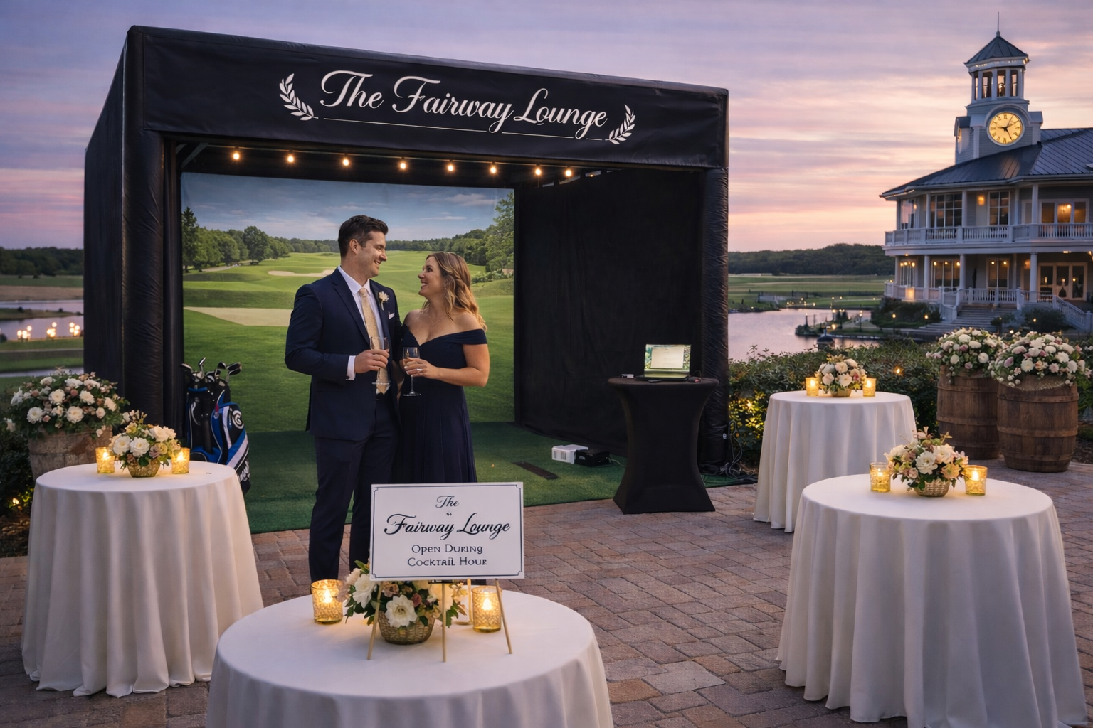 Two people in formal attire, a man and a woman, are smiling and talking while holding glasses at an outdoor event with a golf-themed photo backdrop. The scene is during sunset with decorative tables, candles, flowers, and a view of a large house or clubhouse nearby.