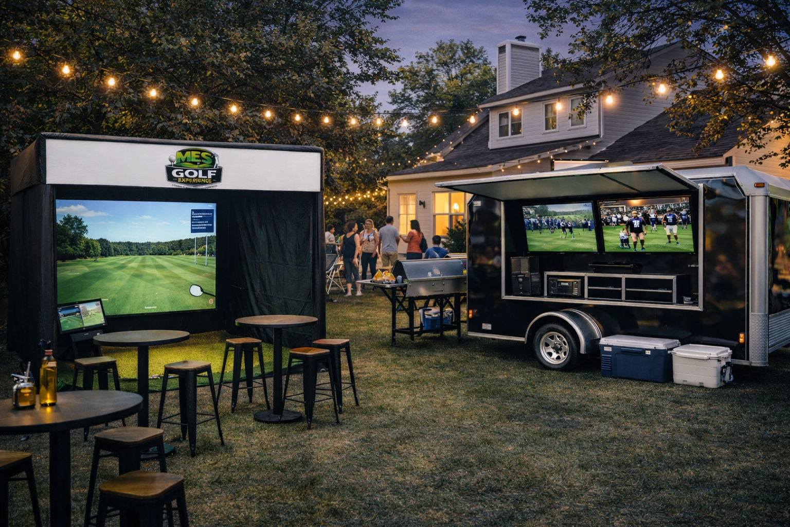 Outdoor backyard gathering with string lights, people socializing, a golf-themed gaming setup with screens, and a food trailer.