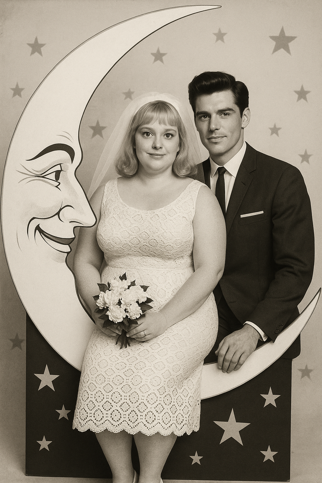 A black and white photo of a bride and groom sitting on a vintage paper moon photo prop for rental, surrounded by stars.