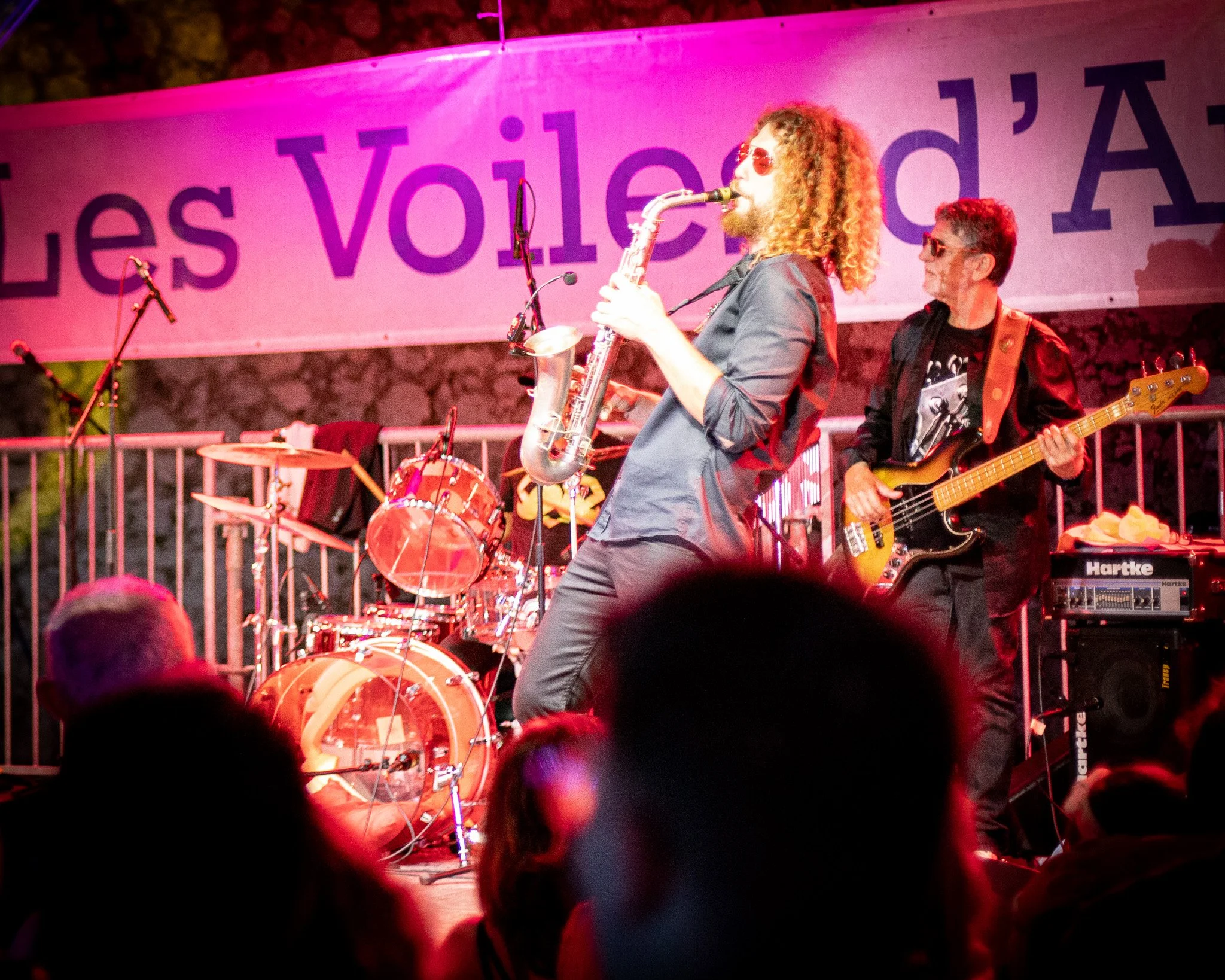 Musicians performing on stage at a live concert, including a saxophonist and a bass guitarist, with audience in foreground.