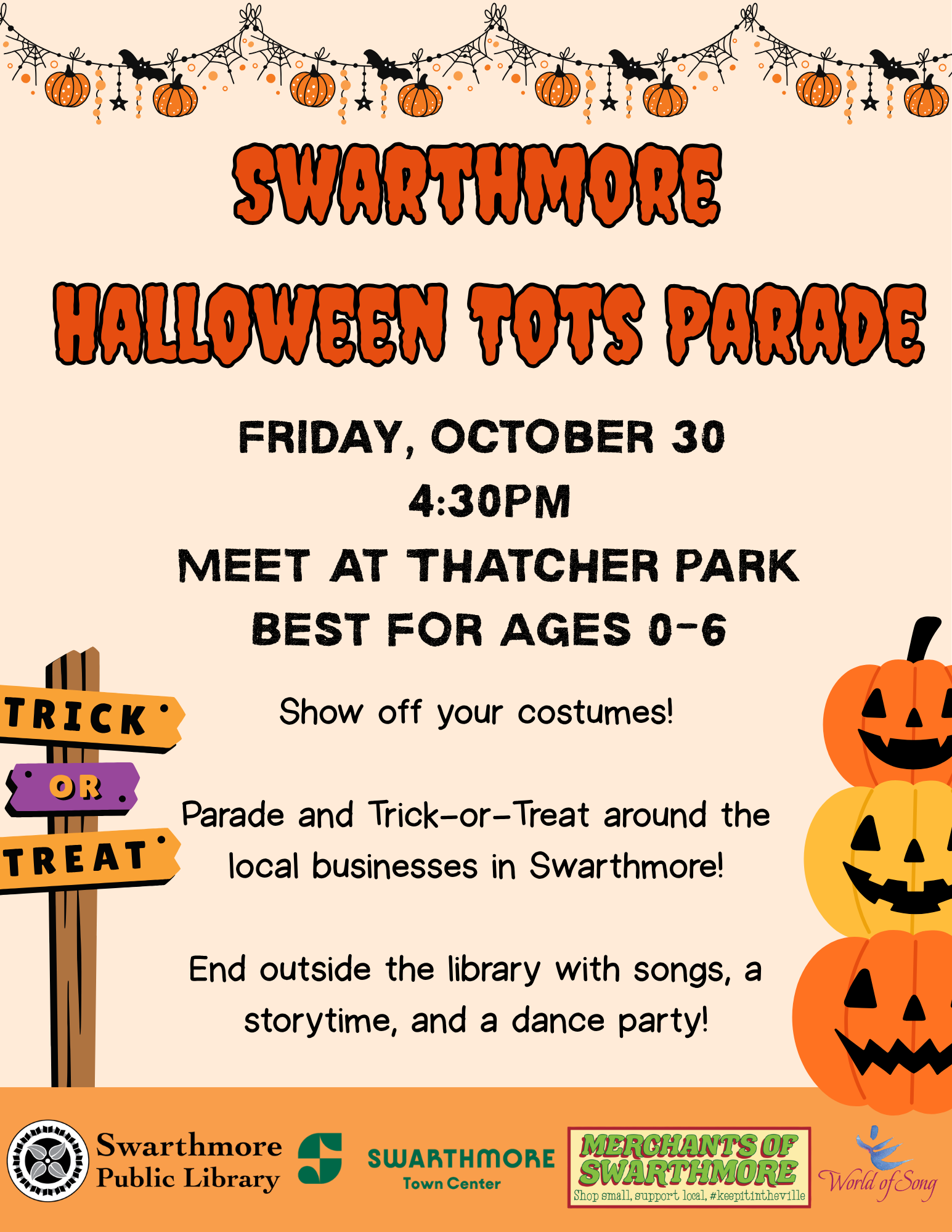 Flyer for Swarthmore Halloween Tot Parade event on October 30 at 4:30 PM at Thatcher Park, with costume show and trick-or-treating in local businesses.