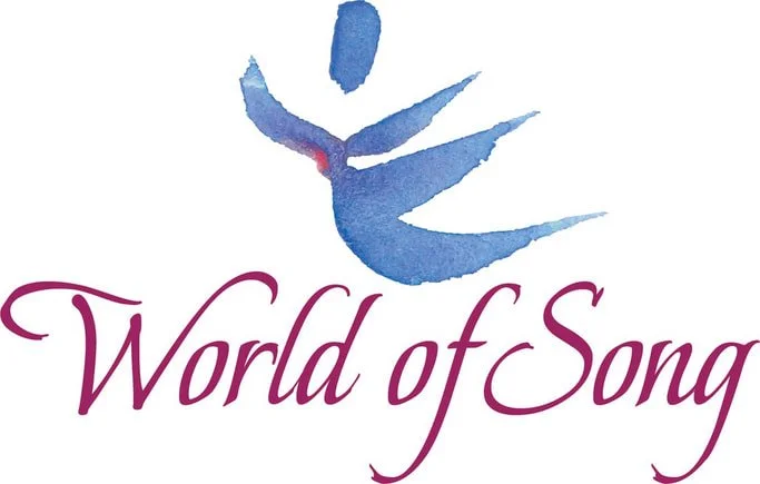 An abstract blue bird logo above the text 'World of Song' in purple cursive font.