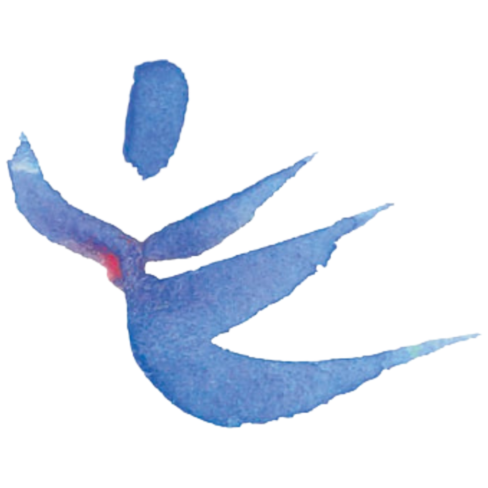 A stylized blue fish illustration with an abstract design.