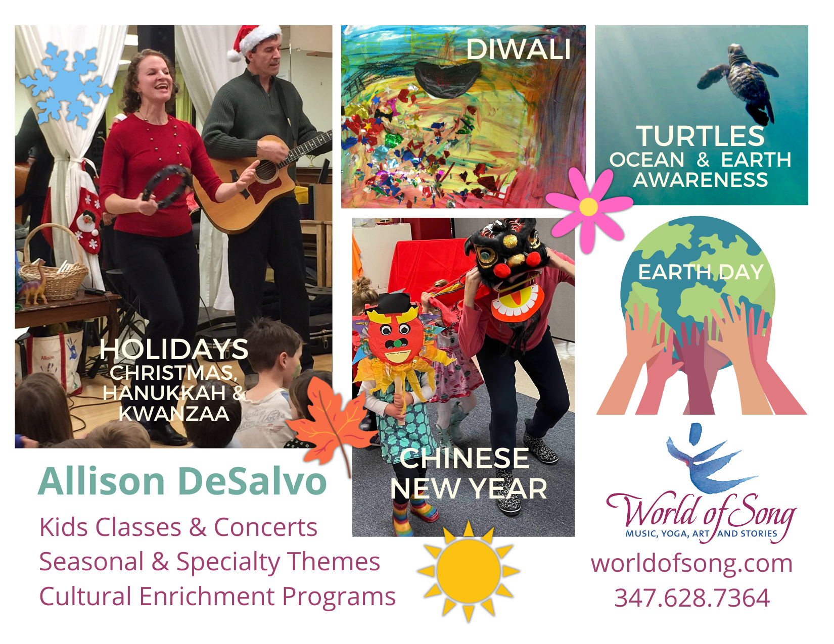 Collection of photos and graphics promoting cultural and holiday events, including children with traditional puppets and masks, performers playing instruments, colorful artwork depicting Diwali, a sea turtle, a snowflake, a sun, and a globe with hands, along with text advertising Allison DeSalvo's kids classes, concerts, and cultural programs for various themes and events.