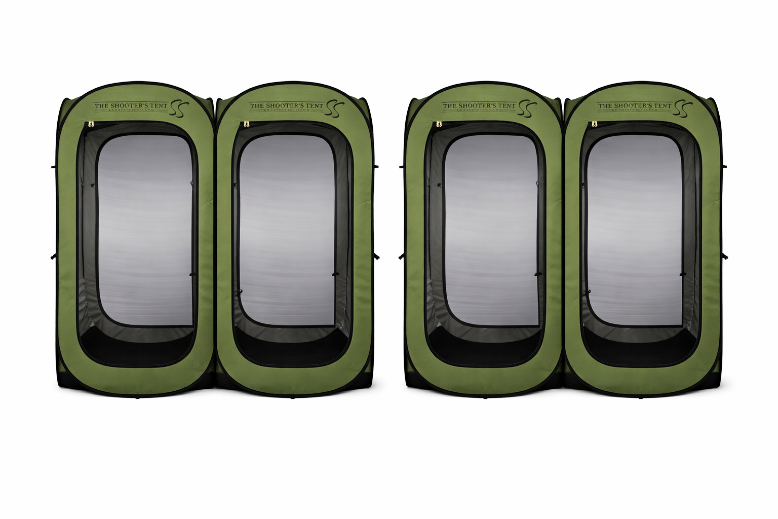 Four green portable pop-up shower tents with black trim and mesh doors, labeled 'The Shooter's Tent' at the top.