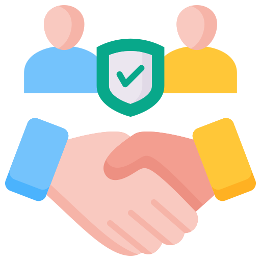 Illustration of two people shaking hands with a shield icon representing security or agreement and two additional people above.