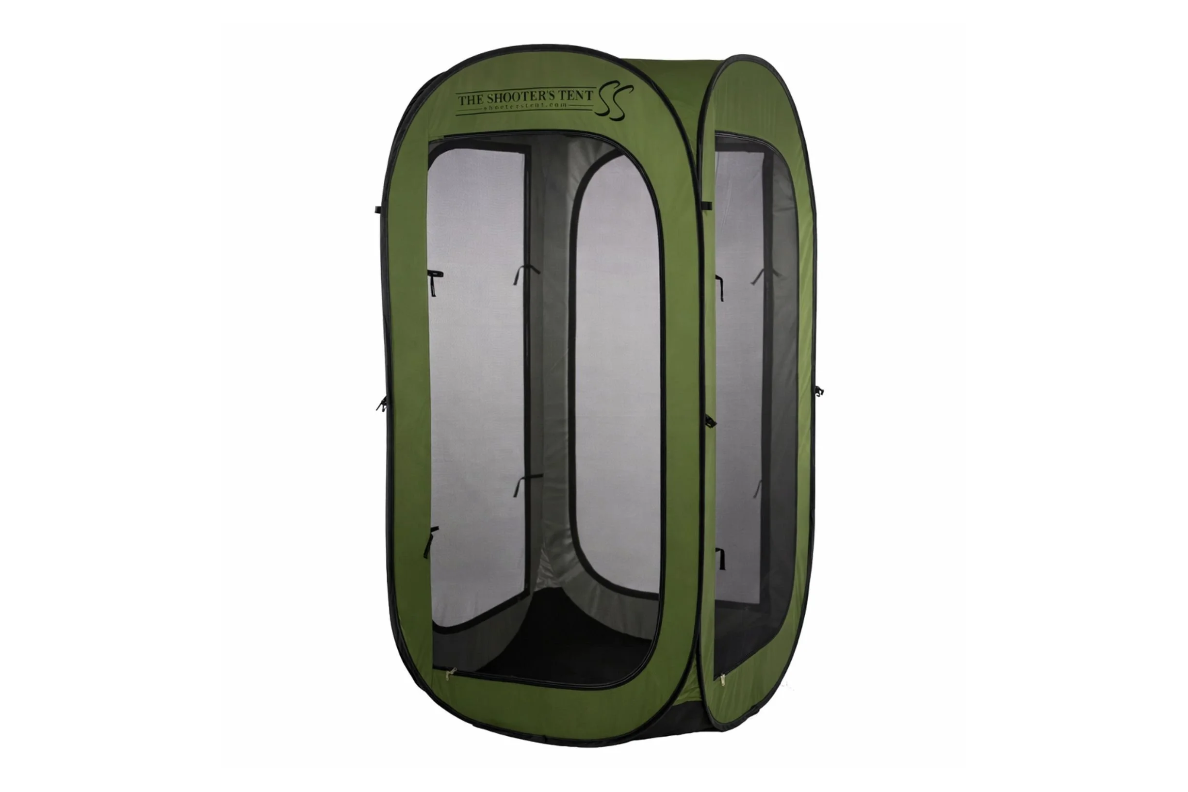 Green pop-up tent for camping labeled 'The Shooter's Tent' with zippered entrances.