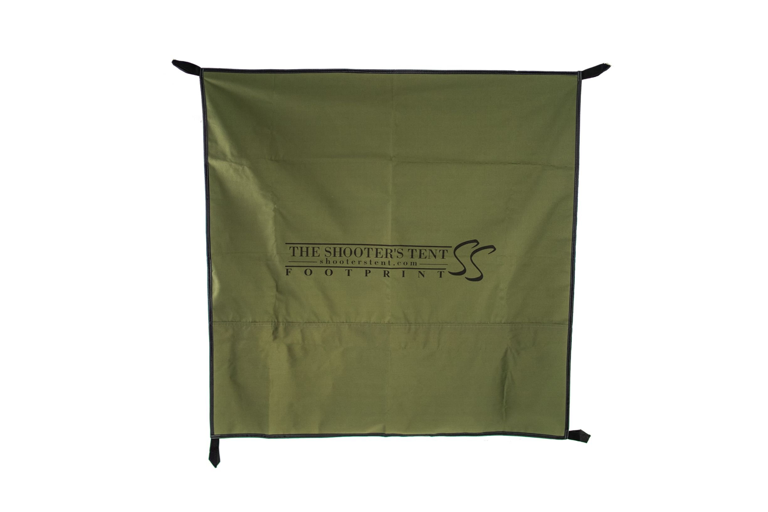A foldable green shooting tent with the words 'The Shooter's Tent Footprint' printed on it, positioned against a white background.
