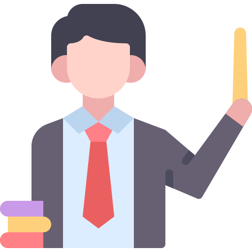 Illustration of a person wearing a suit and tie, holding a stack of books with one hand and raising the other hand with a finger pointing up.