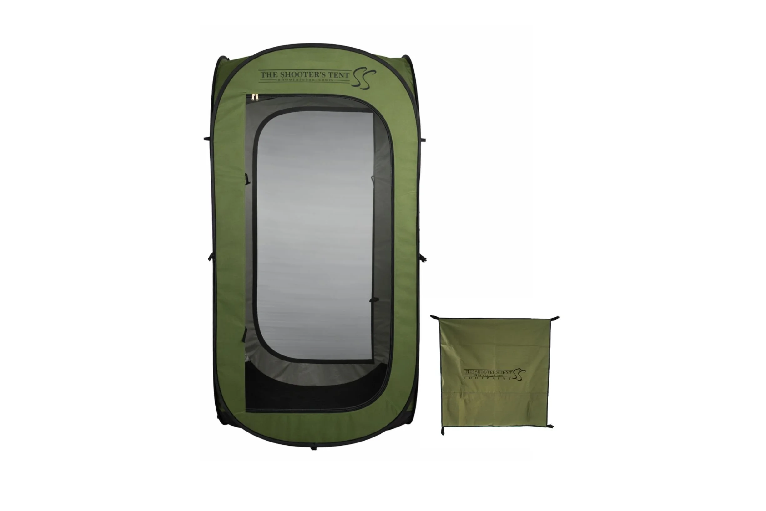 Green outdoor tent with a window and a separate small green bag labeled 'The Shooter's Tent'.