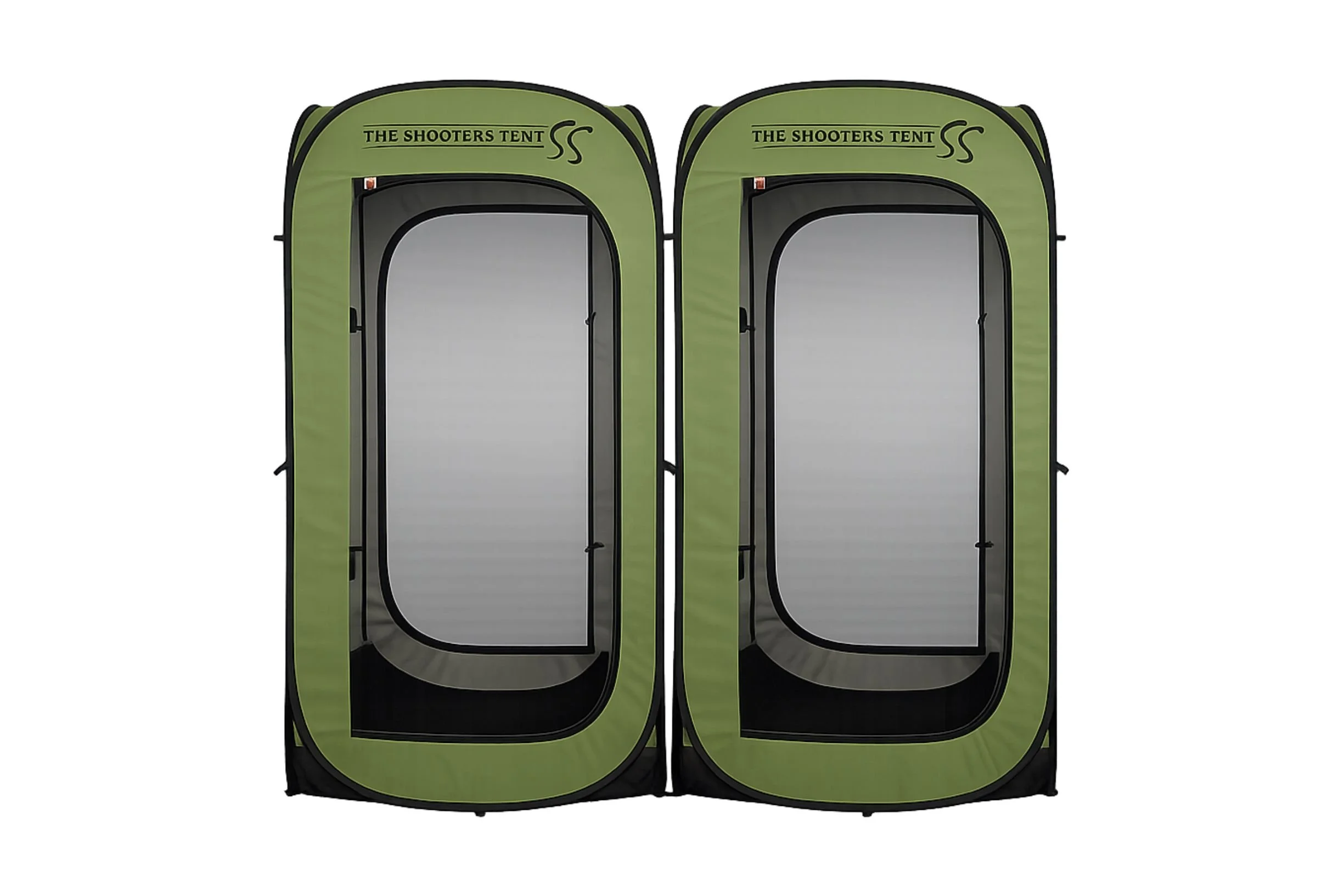 Two green pop-up privacy tents with black trim, labeled "The Shooters Tent SS" at the top, featuring zippered front flaps.