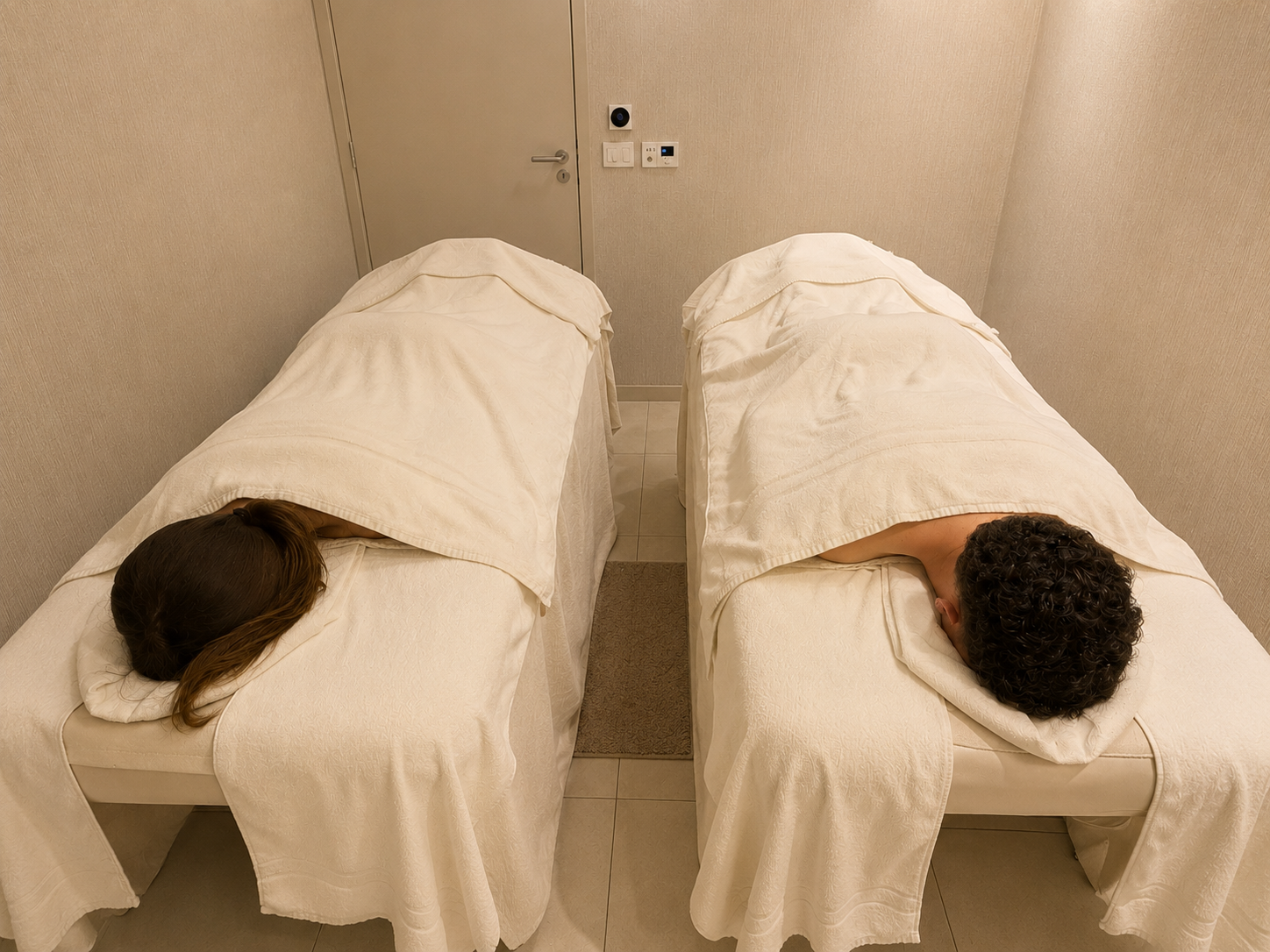 Dois indivíduos deitados de bruços em camas de spa ou massage, cobertos com toalhas brancas, em ambiente de spa ou centro de bem-estar.