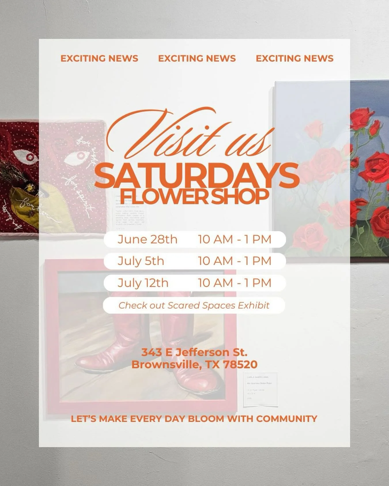 Stop by the Flower Shop during these open hours to see &ldquo;Sacred Spaces&rdquo; curated by @aubreyariaa .

There&rsquo;s so much great work that needs to be experienced in person! Stop by before you miss your chance!

#art #contemporaryart #rgvart