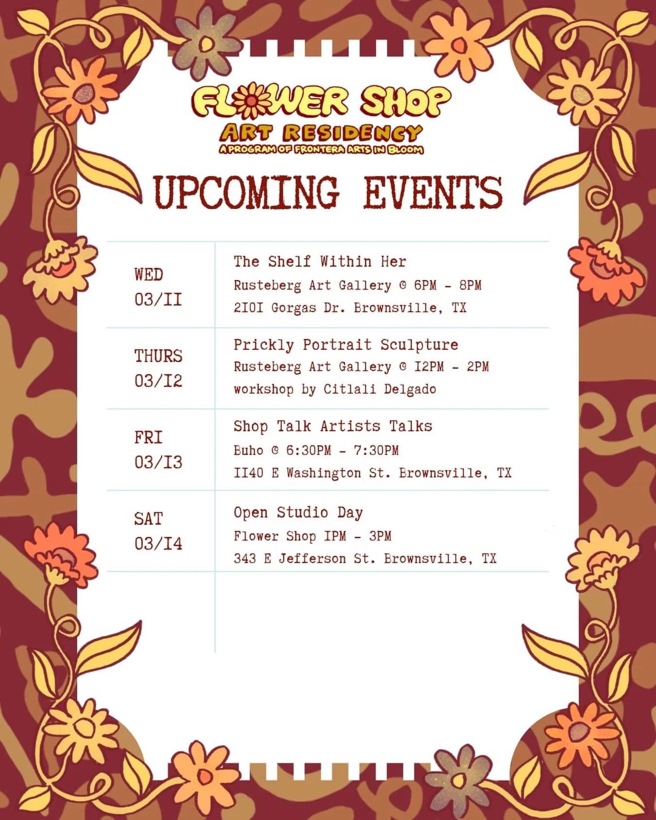 Busy week this week!

We have a reception at the Rusteberg Gallery on Wednesday, 
we have Citlali&rsquo;s workshop on Thursday, 
we have ARTIST TALKS at @buhobtx on Friday 
And open studios at the Flower Shop on Saturday!

Hope to see you there!

#ar