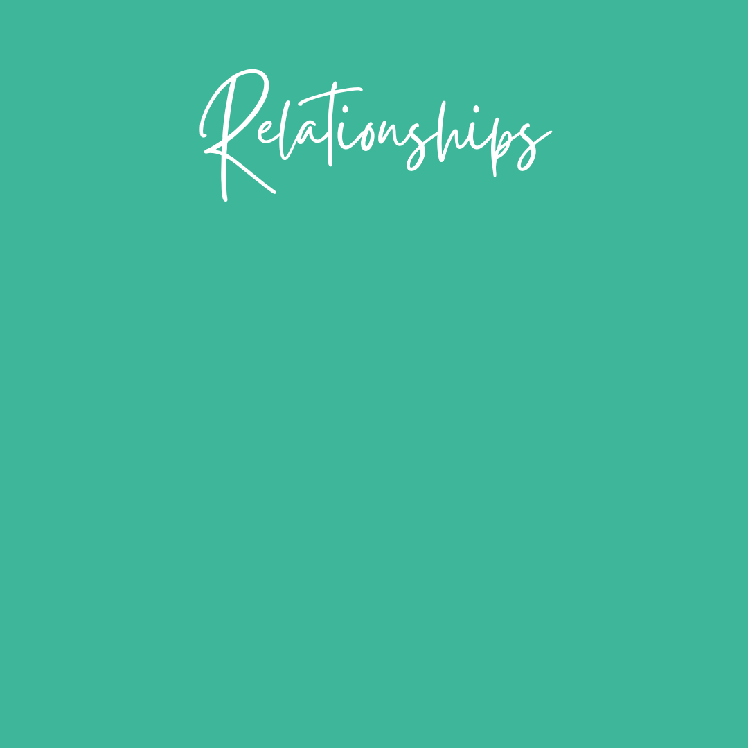 A teal background with the white cursive word 'Relationships' written at the top.