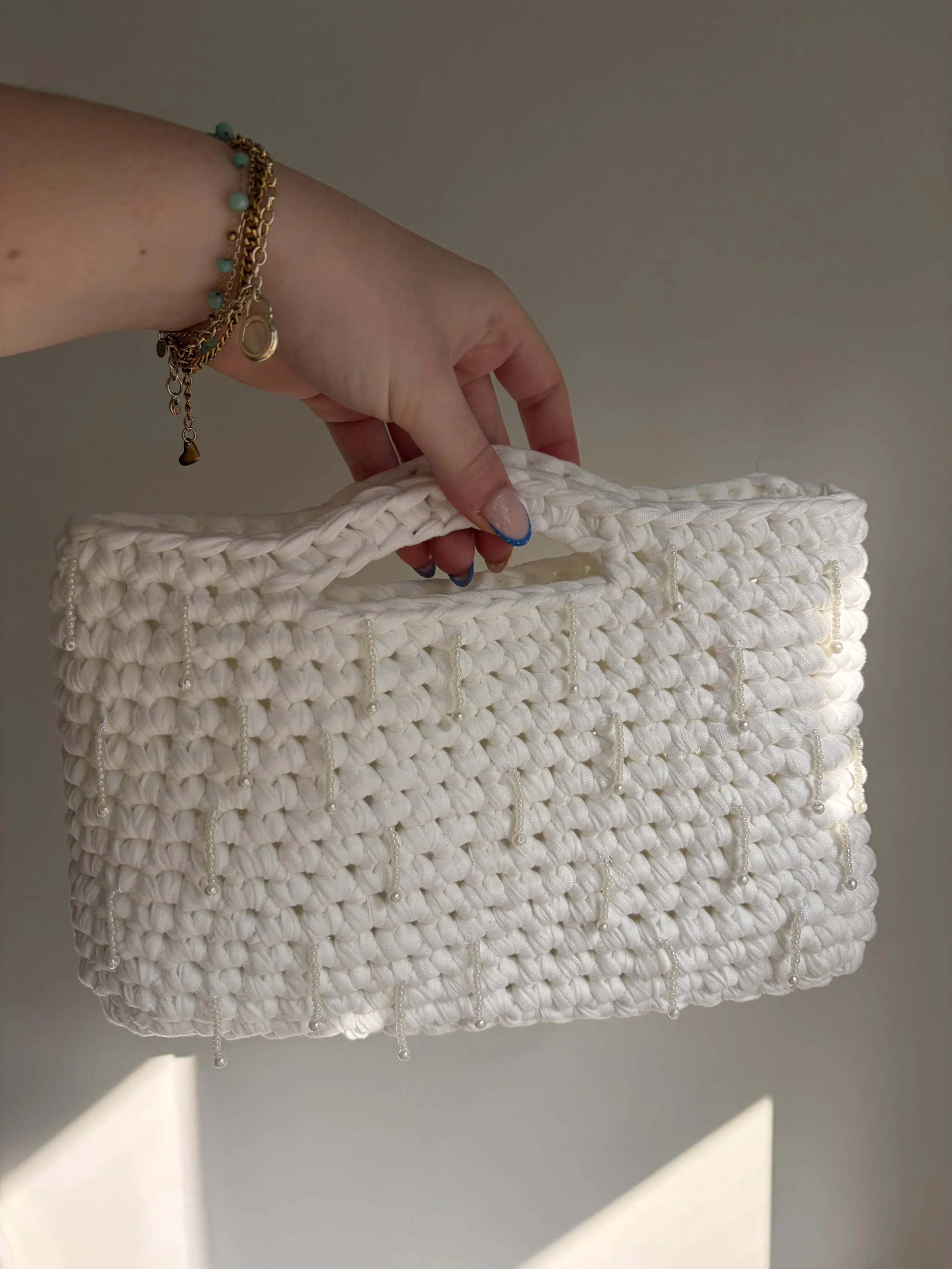 White Bucket Bag with Pearl Embelishment