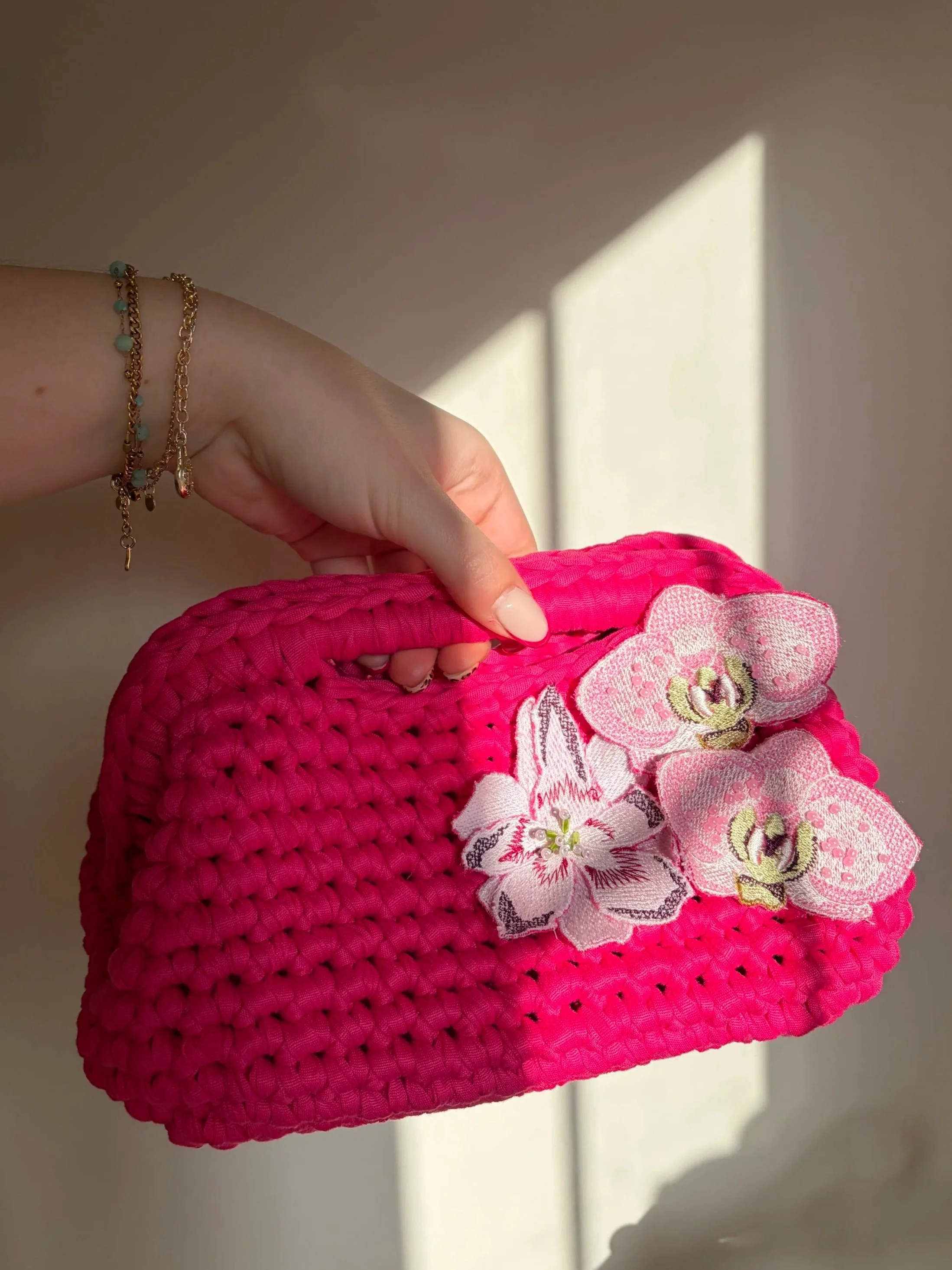 Fucsia Pink Clutch with Floral Embroidery
