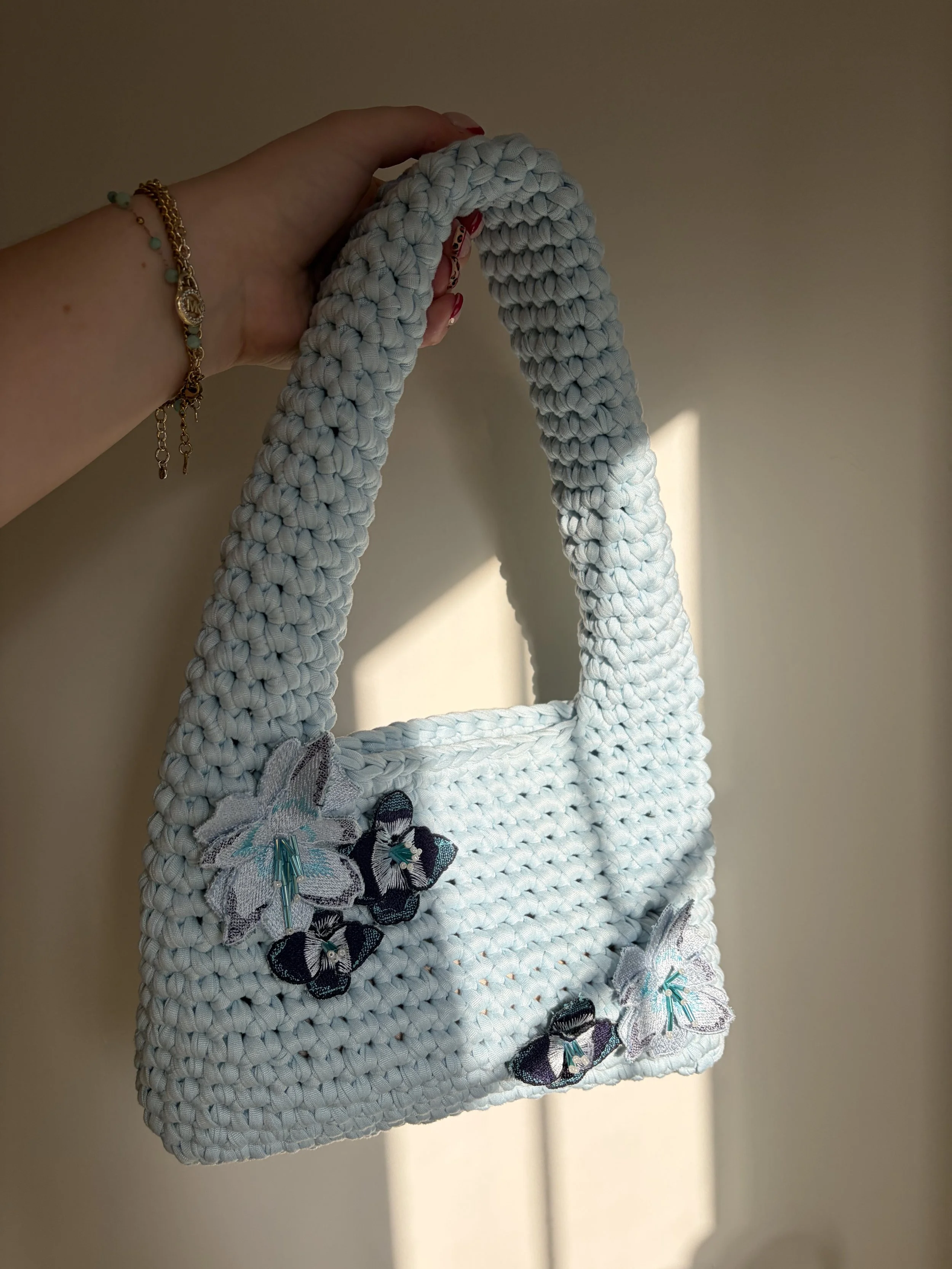 Baby Blue Shoulder Bag with Floral Embroidery