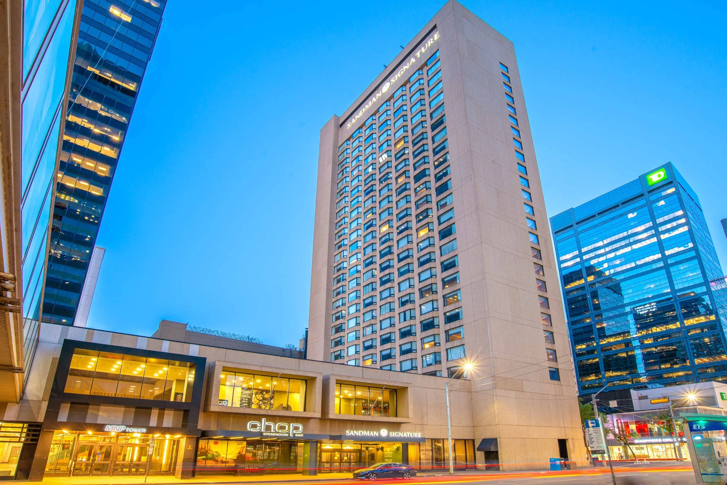 view of hotel tower from the street