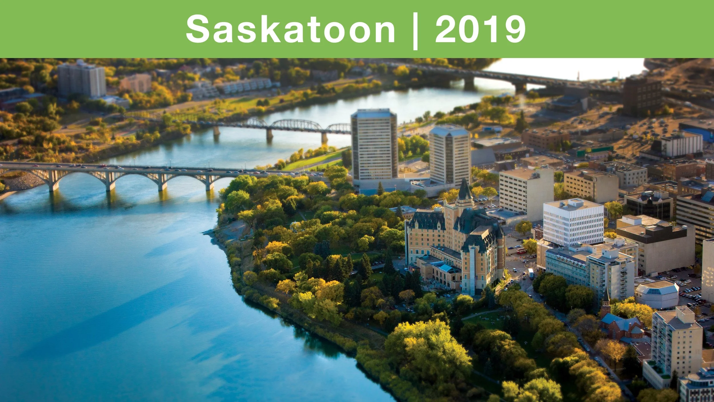 aerial view of Saskatoon city and river 2019
