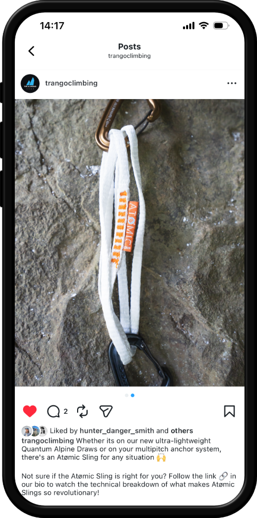 Screenshot of an Instagram post by Trango Climbing showing an Atomic alpine quickdraw laying against a rock