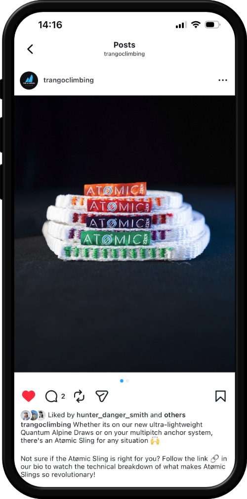 Screenshot of an Instagram post by Trango Climbing showing an image of four Atomic climbing slings against a black background